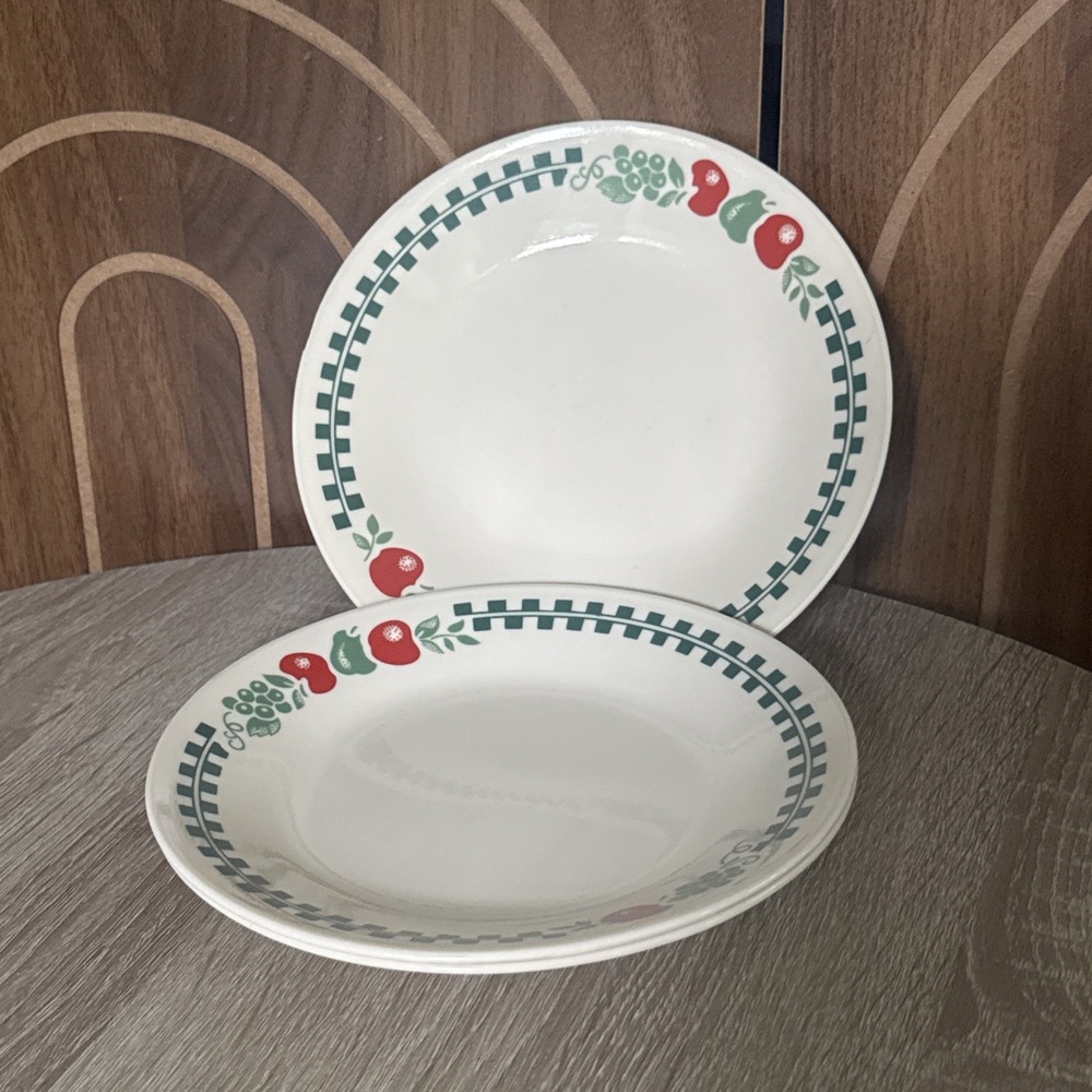 Corelle FARM FRESH Set of 3 Bread & Butter Plates 6 3/4" GREEN CHECKS, Red Apple